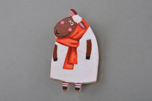 Bright handmade painted wooden brooch in the shape of funny sheep - MADEheart.com