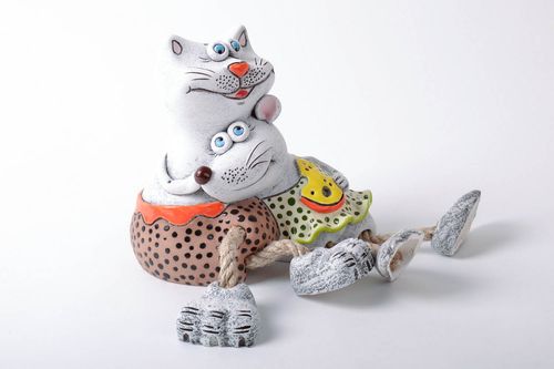 Gatto con topo salvadanaio fatto a mano in ceramica dipinto a mano idea regalo  - MADEheart.com