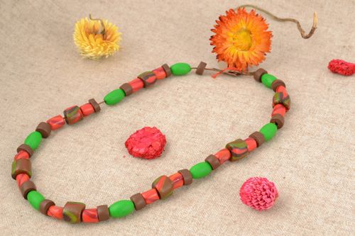 Clay beads necklace in light green, brown and red colors - MADEheart.com