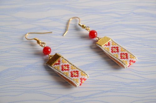 Handmade earrings with charms in ethnic style with bright beads for women - MADEheart.com