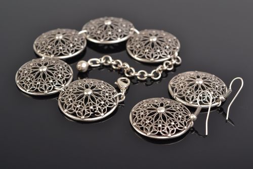Set of handmade hypoallergenic metal wrist bracelet and dangling earrings - MADEheart.com