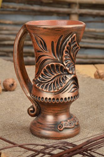 Beautiful homemade designer brown ceramic mug with patterns 300 ml clay glass - MADEheart.com