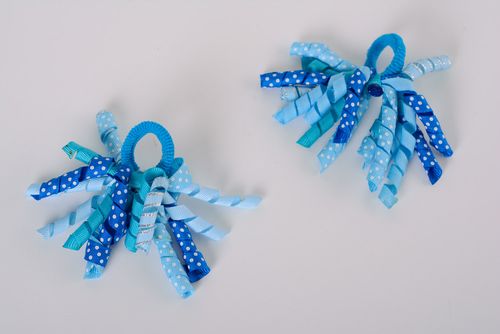 Set of handmade ribbon flower scrunchies of blue color for women and children 2 items - MADEheart.com