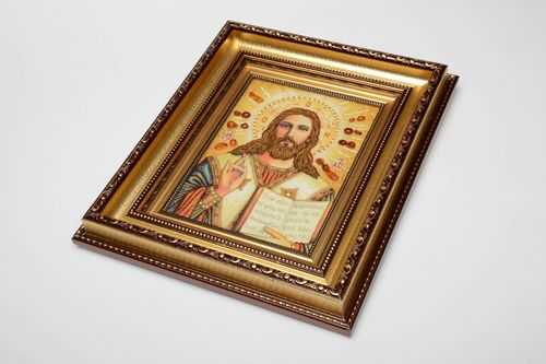 Icône en ambre orthodoxe faite main imprimée sur papier encadrée Jésus Christ - MADEheart.com