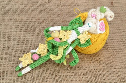 Beautiful small handmade crochet soft doll in green attire for girls - MADEheart.com