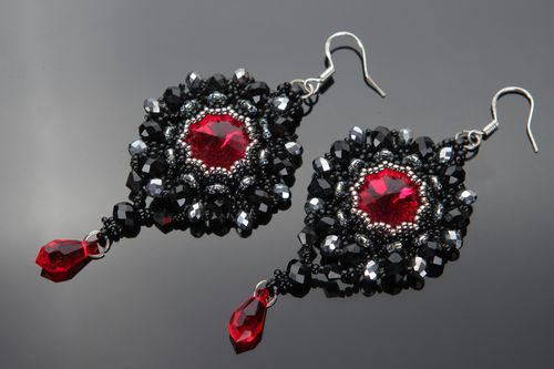 Handmade evening black beaded earrings with red charms for ladies of fashion - MADEheart.com