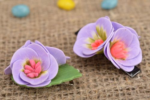 Set of jewelry made of polymer clay brooch and hair clip with lilac water lily - MADEheart.com