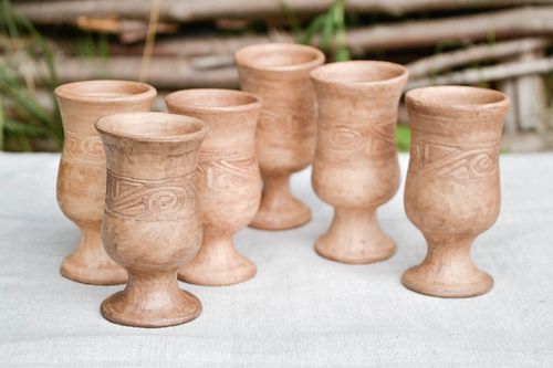 Set of 6 (six) wine drinking 2,5 oz goblets in Roman style and pattern made of white clay - MADEheart.com