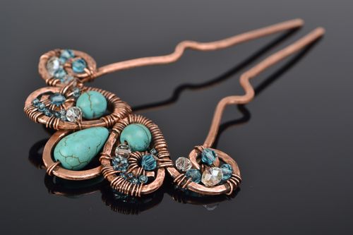 Handmade wire wrap copper hairpin with turquoise - MADEheart.com
