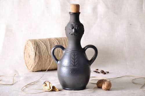 Wine carafe made of black lead-free clay with two handles and cork lid 10 inches, 1,12 lb - MADEheart.com