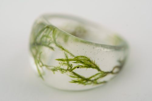 Large transparent handmade seal ring with moss coated with epoxy - MADEheart.com
