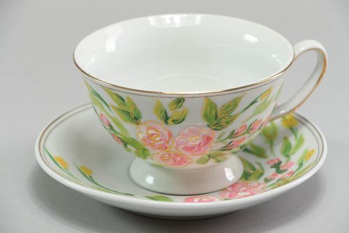 Elegant Indian style floral pattern white porcelain 8 oz cup with handle and a saucer - MADEheart.com