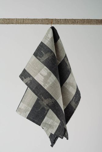 Handmade kitchen towel sewn of gray and black checkered linen fabric with elks - MADEheart.com