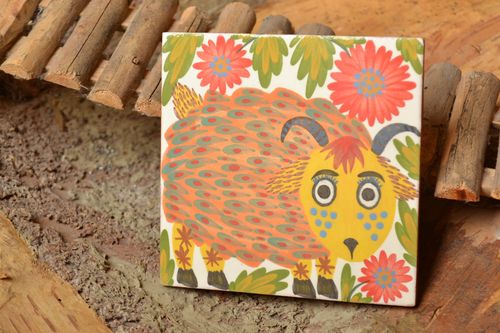 Handmade decorative square ceramic painted facing tile with stylized funny lamb  - MADEheart.com