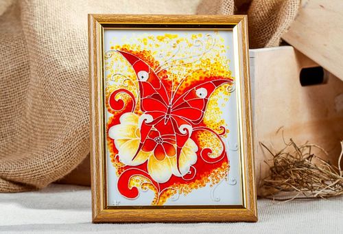 Stained glass picture in wooden frame Flamy butterfly - MADEheart.com