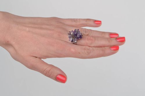 Square-shaped ring with natural stone amethyst beautiful handmade accessory - MADEheart.com