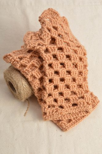Beautiful handmade womens crochet lace mittens of peach color half woolen - MADEheart.com