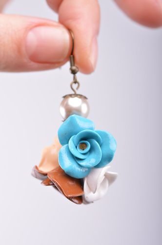 Handmade long plastic flower earrings with charms in the shape of roses - MADEheart.com