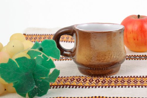 Handmade 5 oz glazed natural clay coffee cup in brown color and white color inside - MADEheart.com
