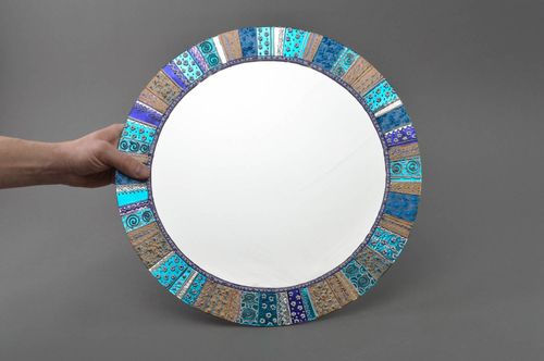 Handmade designer decorative interior round painted in blue wall mirror  - MADEheart.com
