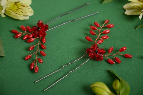 Beautiful handmade designer hairpins set 2 pieces with beads Red - MADEheart.com