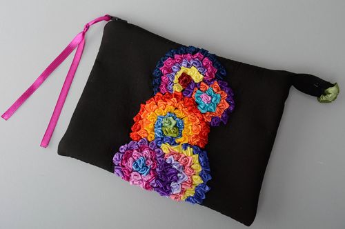 Handmade fabric cosmetic bag with ribbon embroidery - MADEheart.com