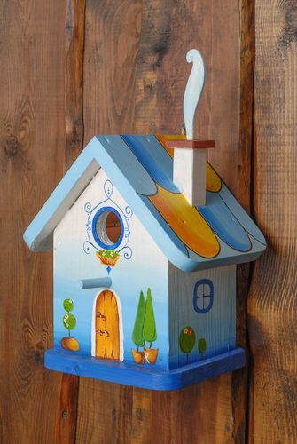 Handmade painted wooden birdhouse in the shape of forest house - MADEheart.com