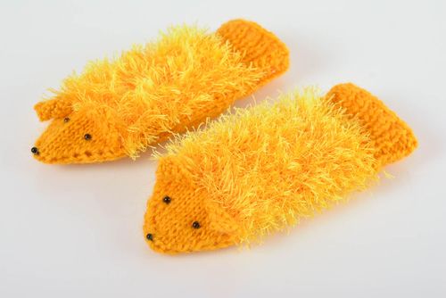 Bright handmade knitted yellow mittens made of wool warm soft winter accessory - MADEheart.com