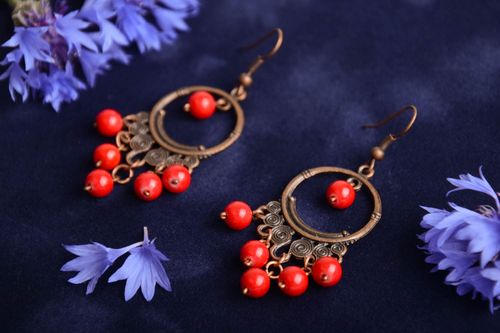 Handmade designer wire wrap copper dangling earrings with small red coral beads - MADEheart.com
