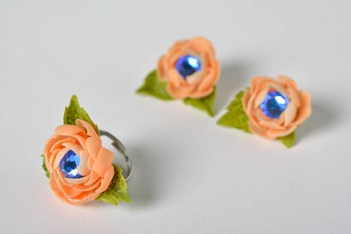 Beautiful womens jewelry set 2 pieces handmade plastic flower ring and earrings - MADEheart.com