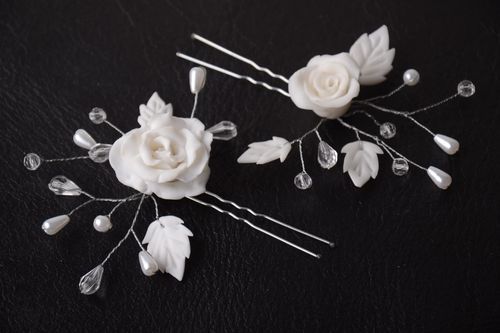 Handmade wedding accessories 2 white elegant hair pins unusual hair pins - MADEheart.com