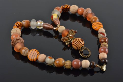 Handmade natural stone necklace with jadeite crystal and cork wood beads - MADEheart.com