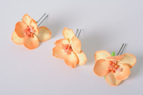 Set of handmade foamiran fabric flower hairpins 3 items Peach Orchids - MADEheart.com