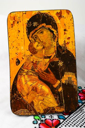 Icone religieuse bois faite main Notre-Dame de Vladimir Décoration maison - MADEheart.com