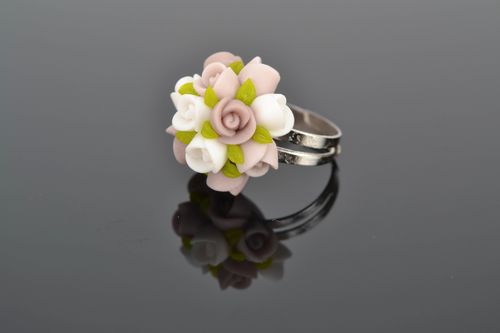 Polymer clay ring with tea roses - MADEheart.com