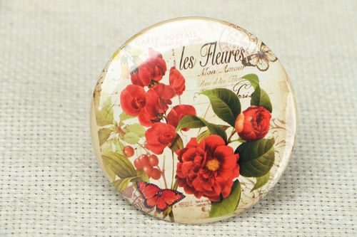Miroir de poche fait main en métal rond avec dessin de fleurs rouges cadeau - MADEheart.com