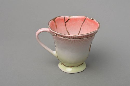Handmade porcelain 3 oz white and pink color coffee cup with handle - MADEheart.com