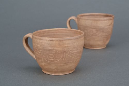 White clay unglazed cup with handle and Greek-style pattern - MADEheart.com