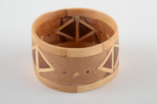 Broad handmade wooden wrist bracelet with geometric ornament with intarsia  - MADEheart.com
