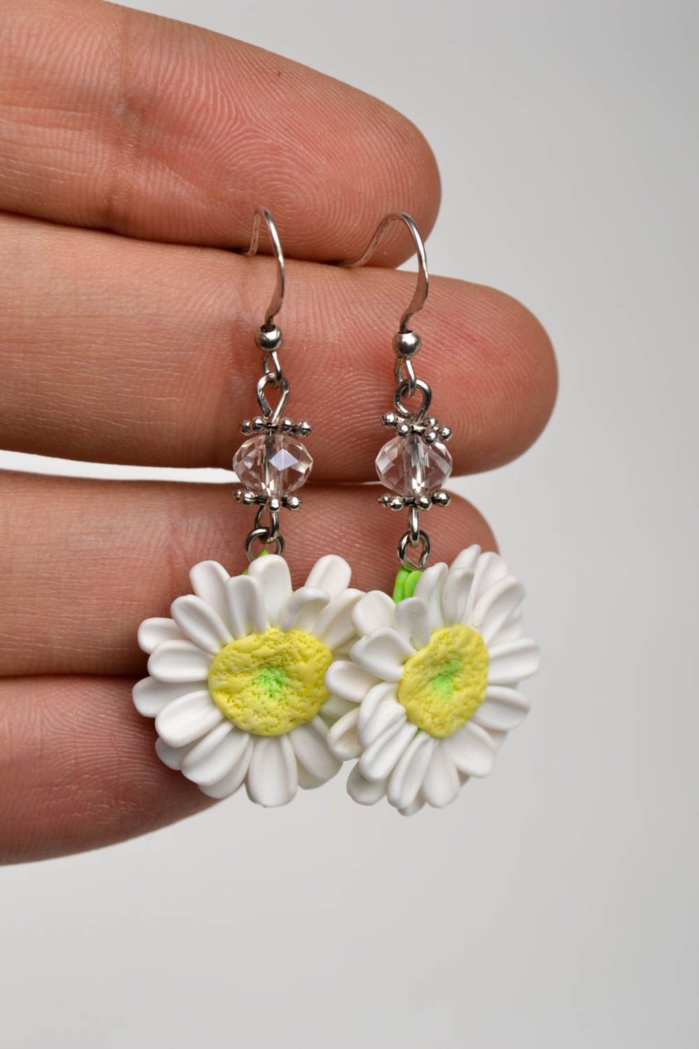 Handmade elegant white flower unusual tender earrings stylish jewelry photo 5