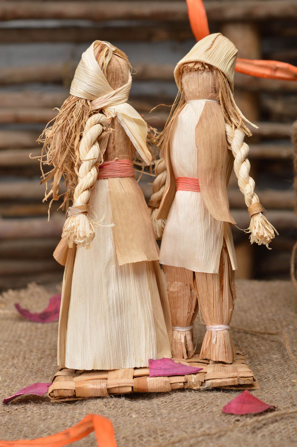 Figurines faites main en feuilles de maïs garçon et fille écologiques déco photo 1