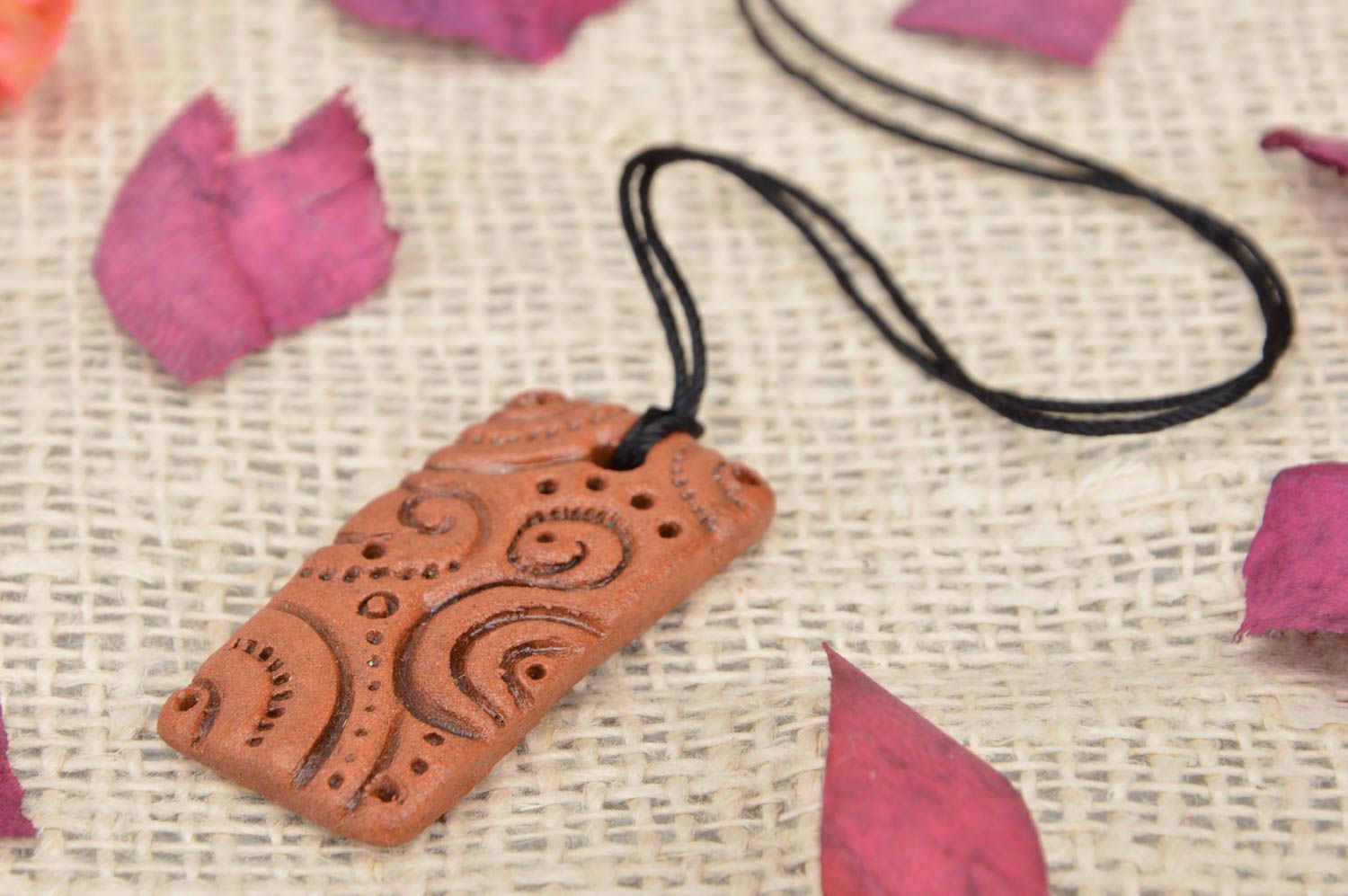 Beautiful handmade ceramic lace pendant on cord 320 mm jewelry in ethnic style photo 1