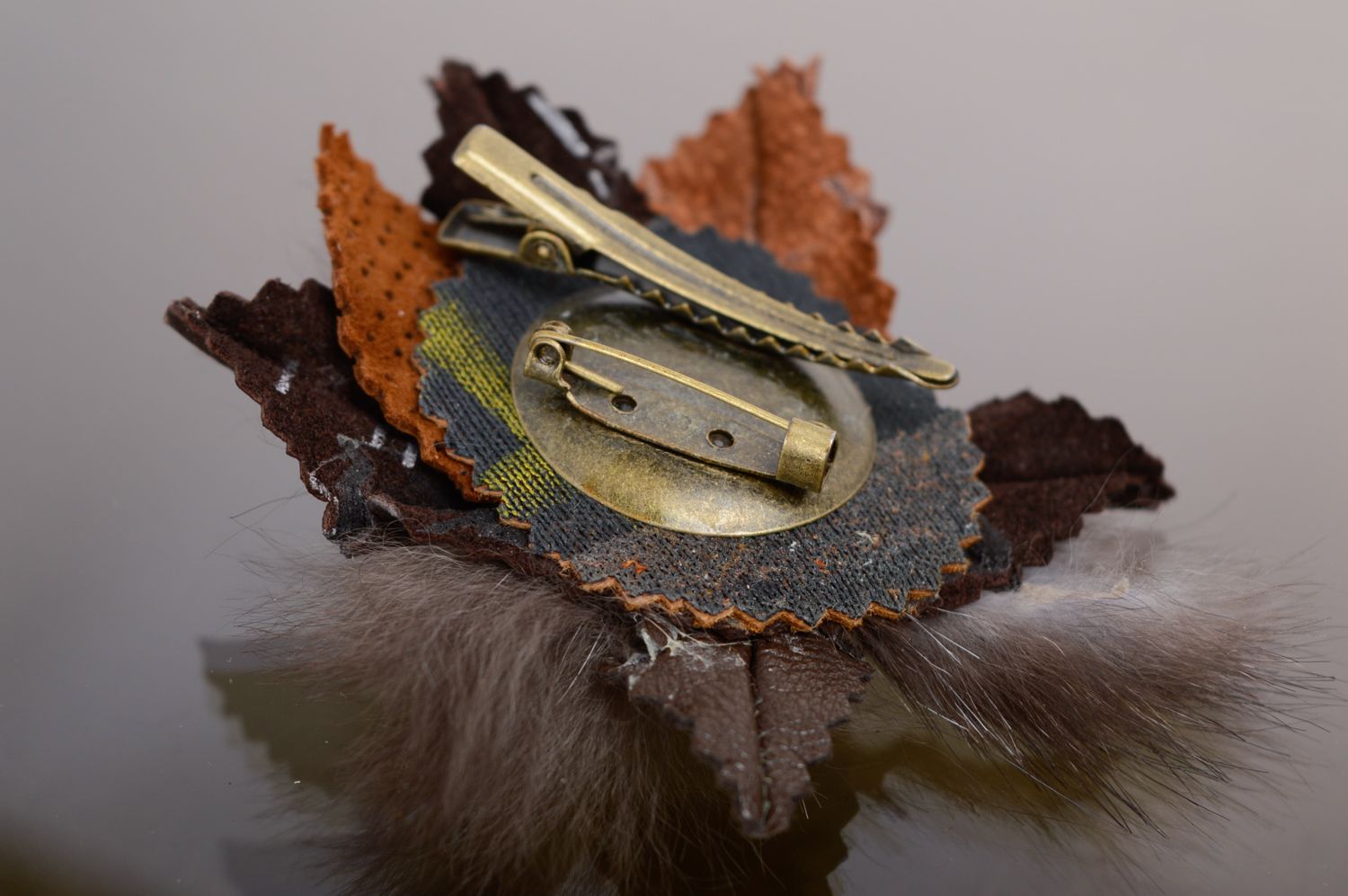 Festive handmade leather brooch with fur photo 4