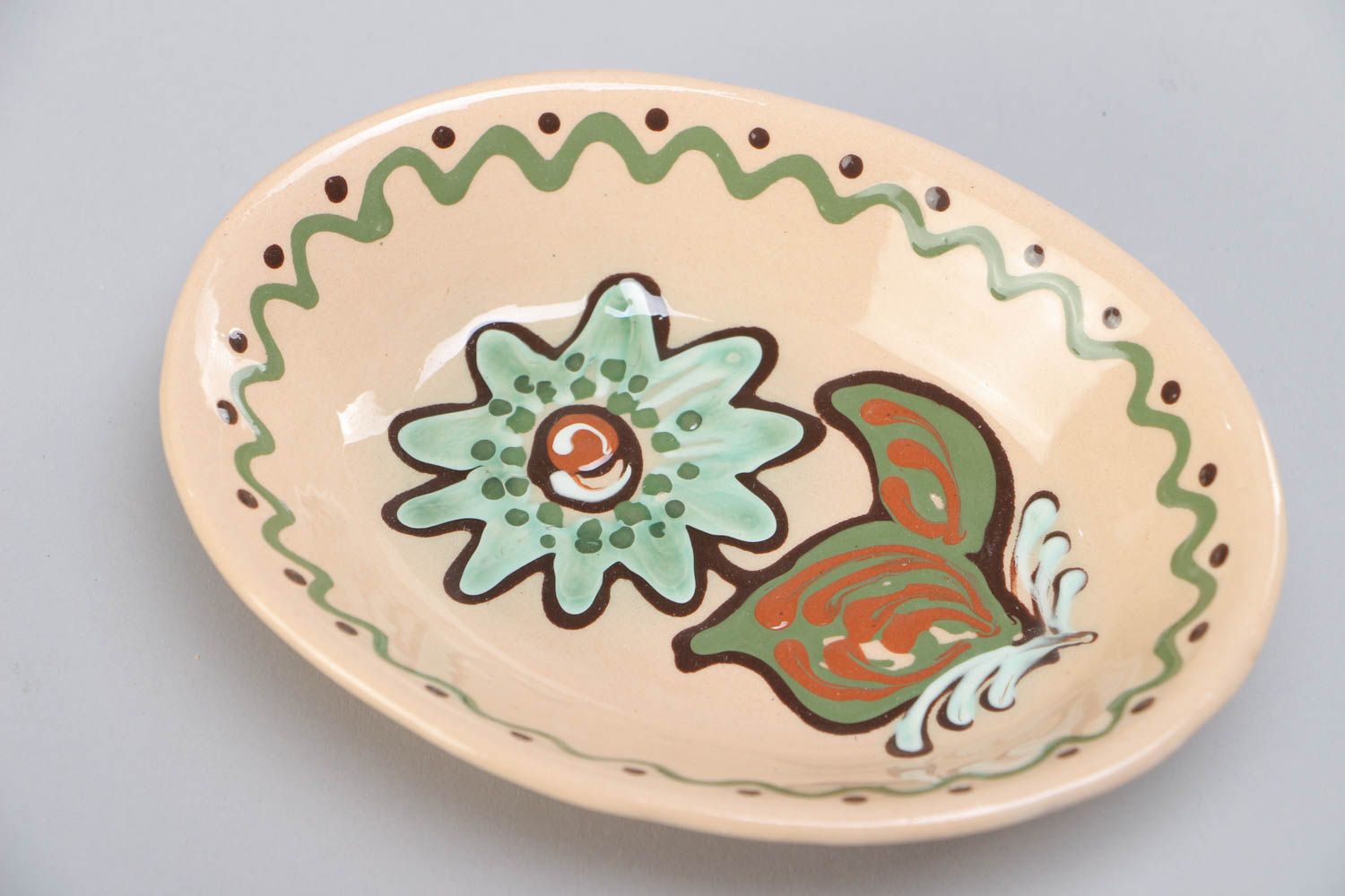 Handmade long ceramic bowl ornamented with colorful glaze ethnic kitchenware photo 3