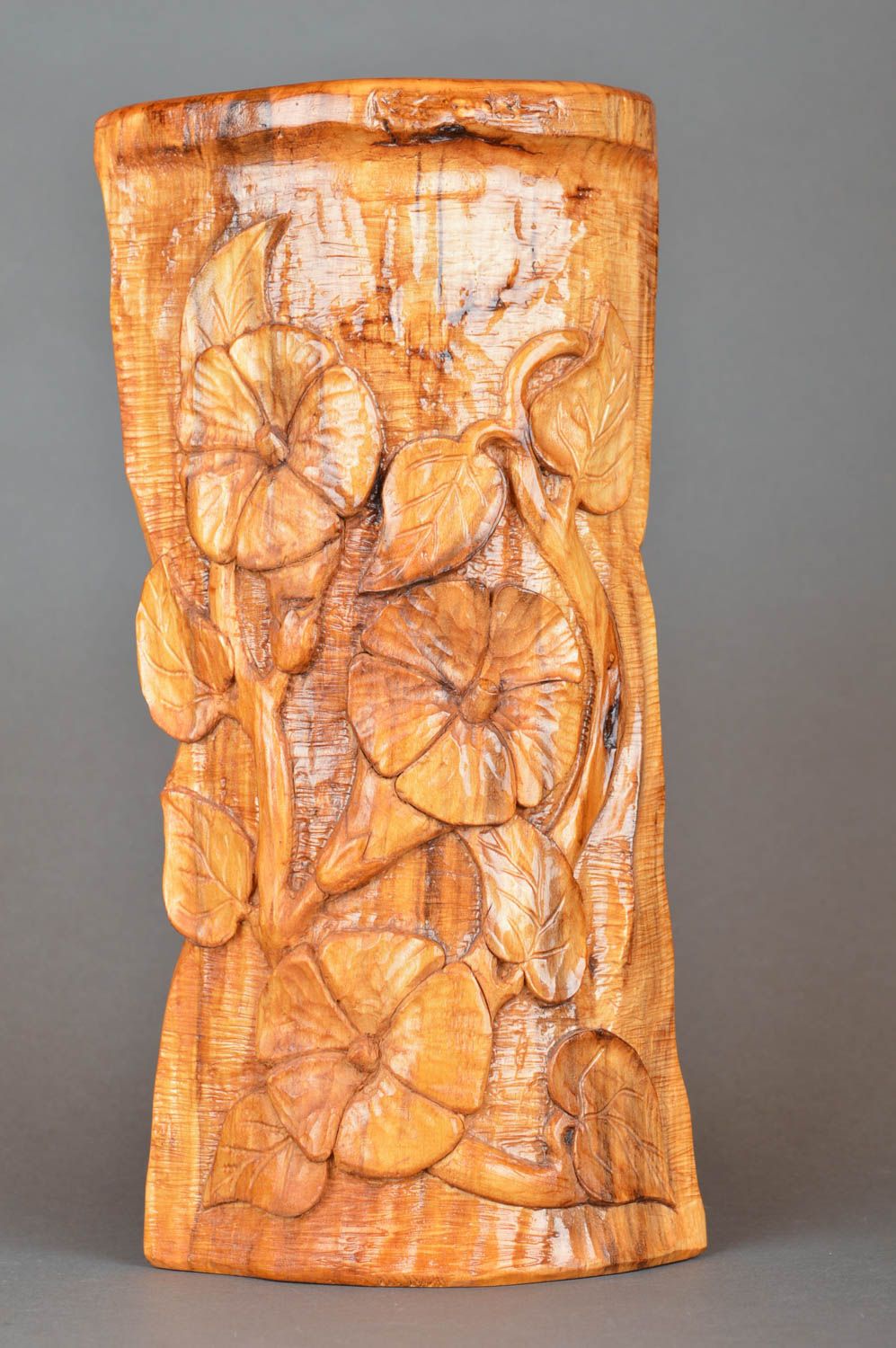 Objet sculpté en bois brun verni joli fait main insolite décoratif Fleurs photo 2