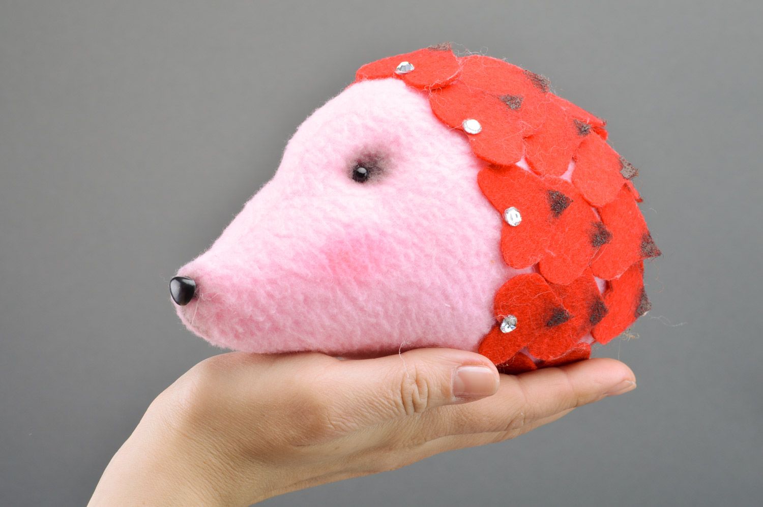 Handmade middle-sized soft toy sewn of pink and red fleece fabric Cute Hedgehog photo 3