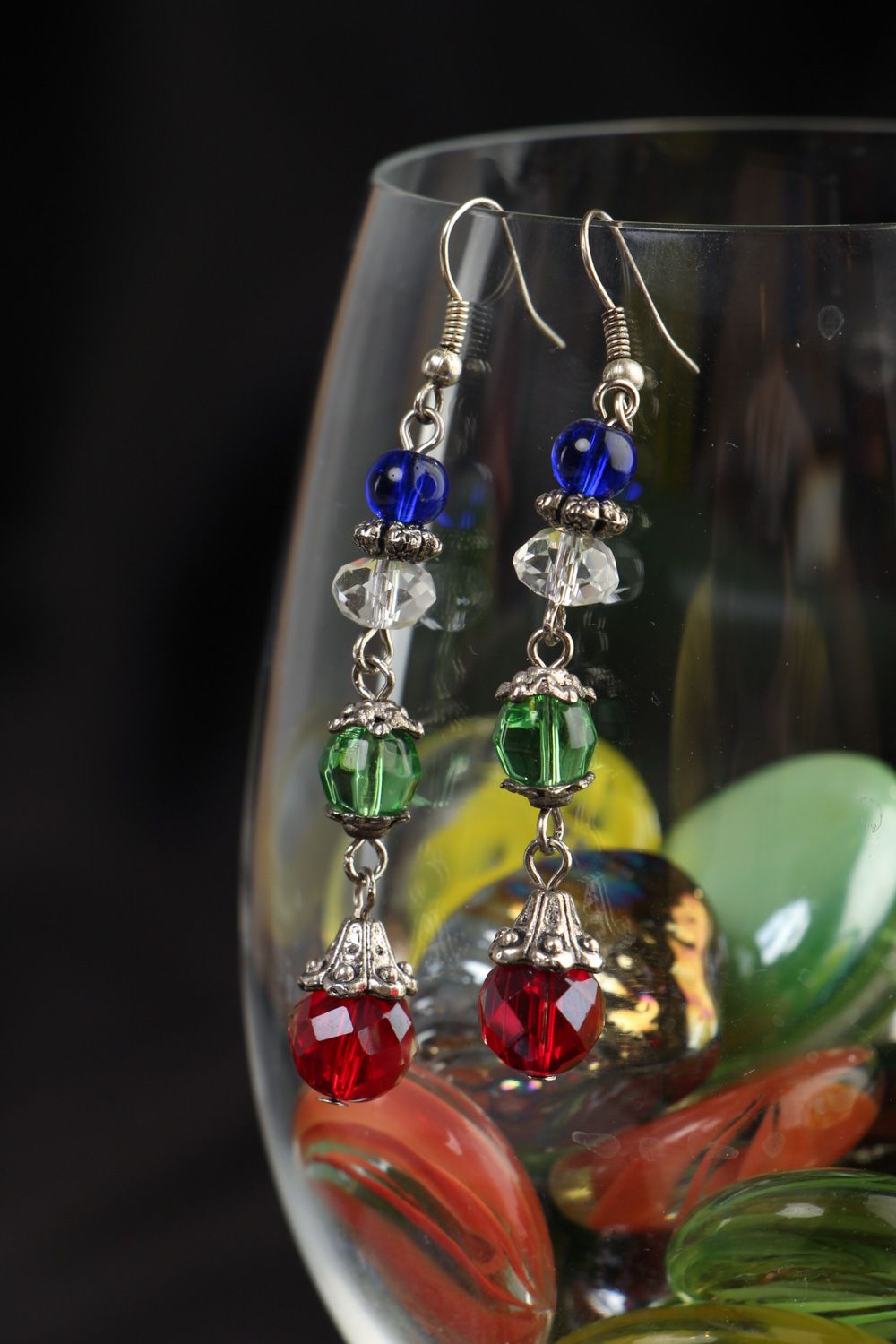 Handmade colorful long earrings with glass beads and metal fittings for ladies photo 4