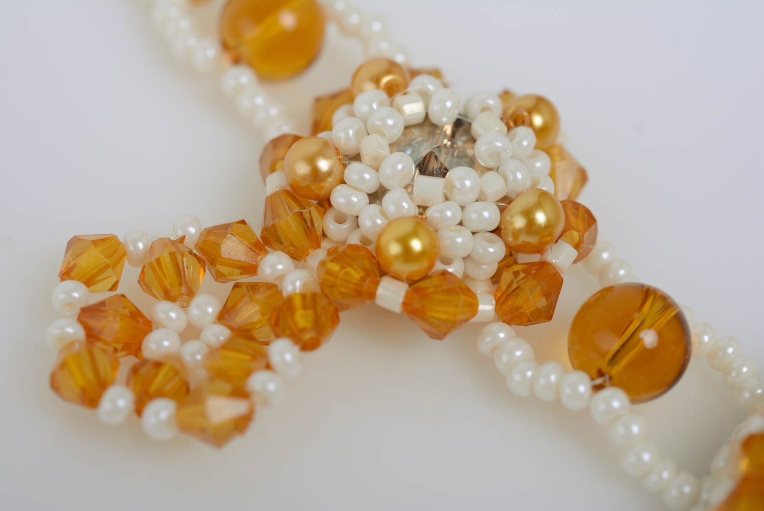 Handmade light bead embroidered white and yellow necklace on chain with crystals photo 4