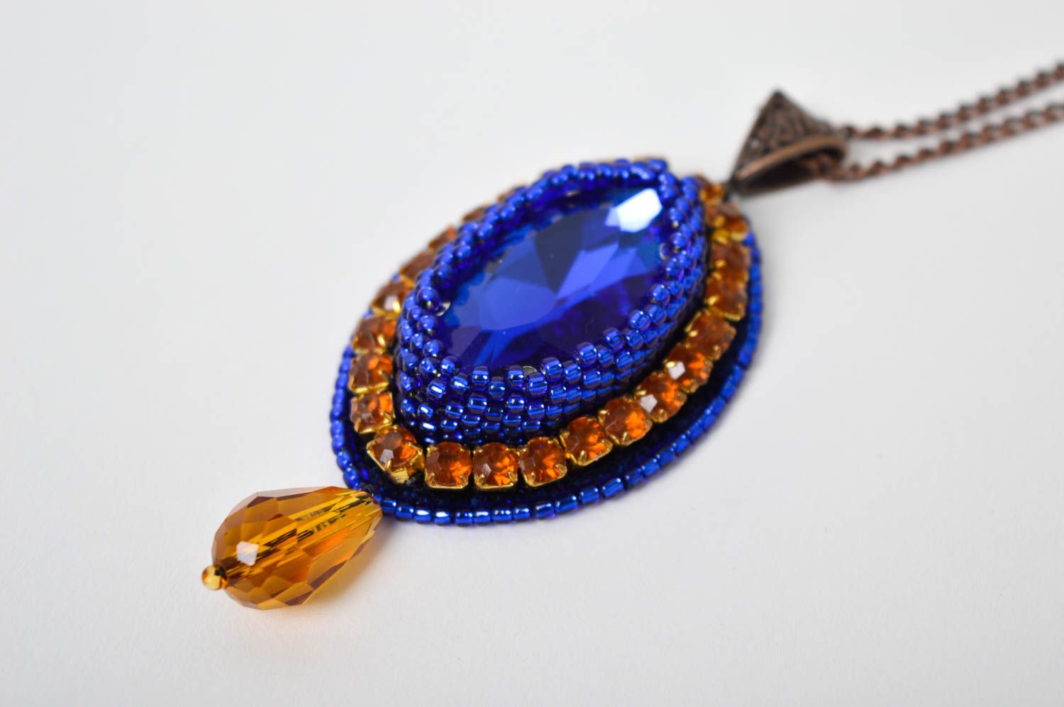 Кулон ручной работы украшение на шею цепочка с подвеской синяя с золотым фото 3