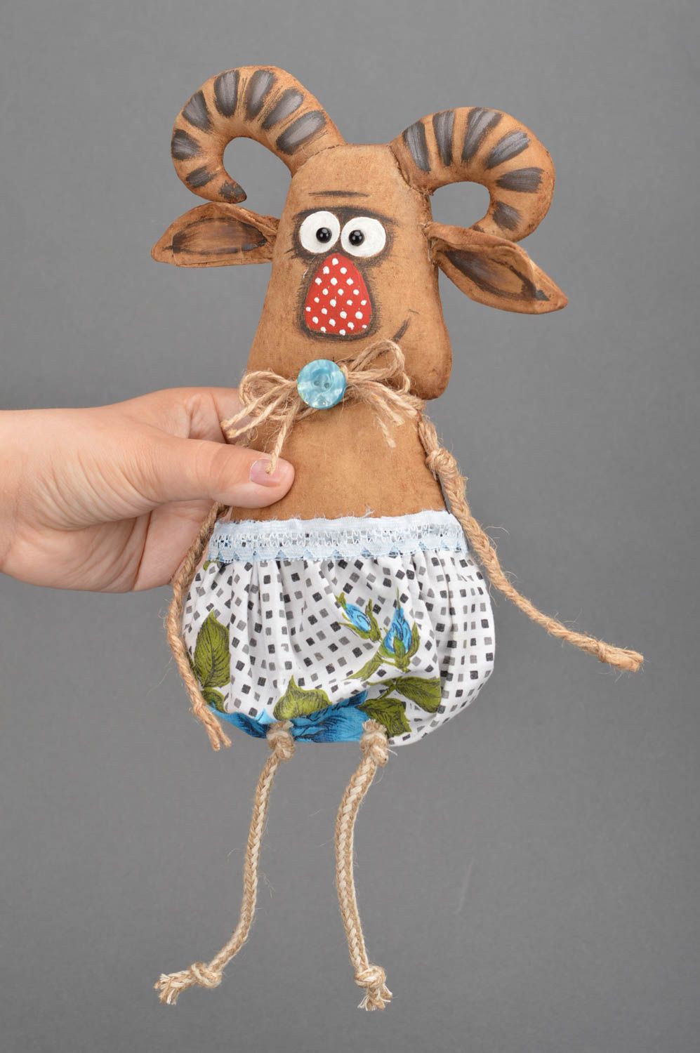 Handmade unusual stylish interior toy made of cotton brown cute decor Goat photo 5
